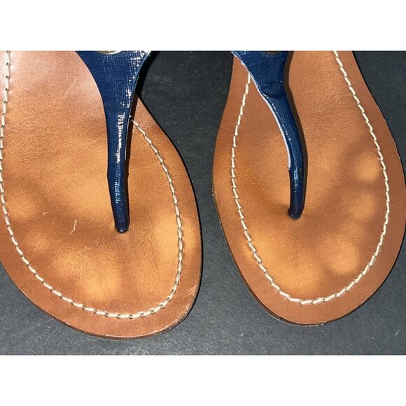 Tory Burch Cameron Sandal Sz 7 Wedge Thong Blue Patent Leather Gold Logo VGC - Picture 4 of 11